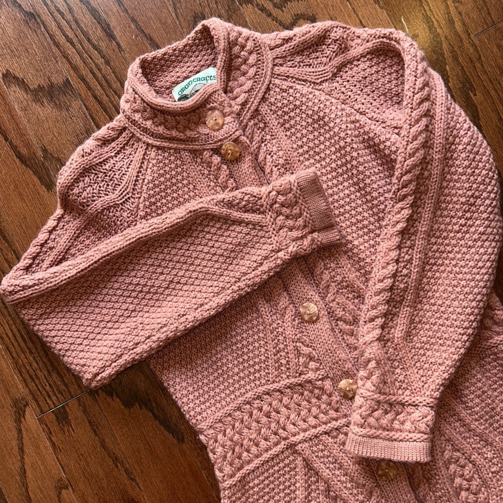 Aran Crafts Ireland 100% Merino Wool Pink Cable Knit Long Cardigan Sweater S